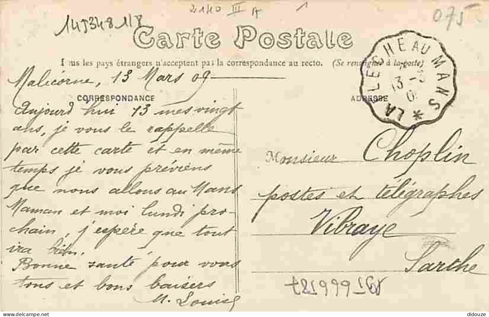 72 - Malicorne - Château De Vadré à Courcelles - Oblitération Ronde De 1909 - Correspondance - CPA - Voir Scans Recto-Ve - Malicorne Sur Sarthe