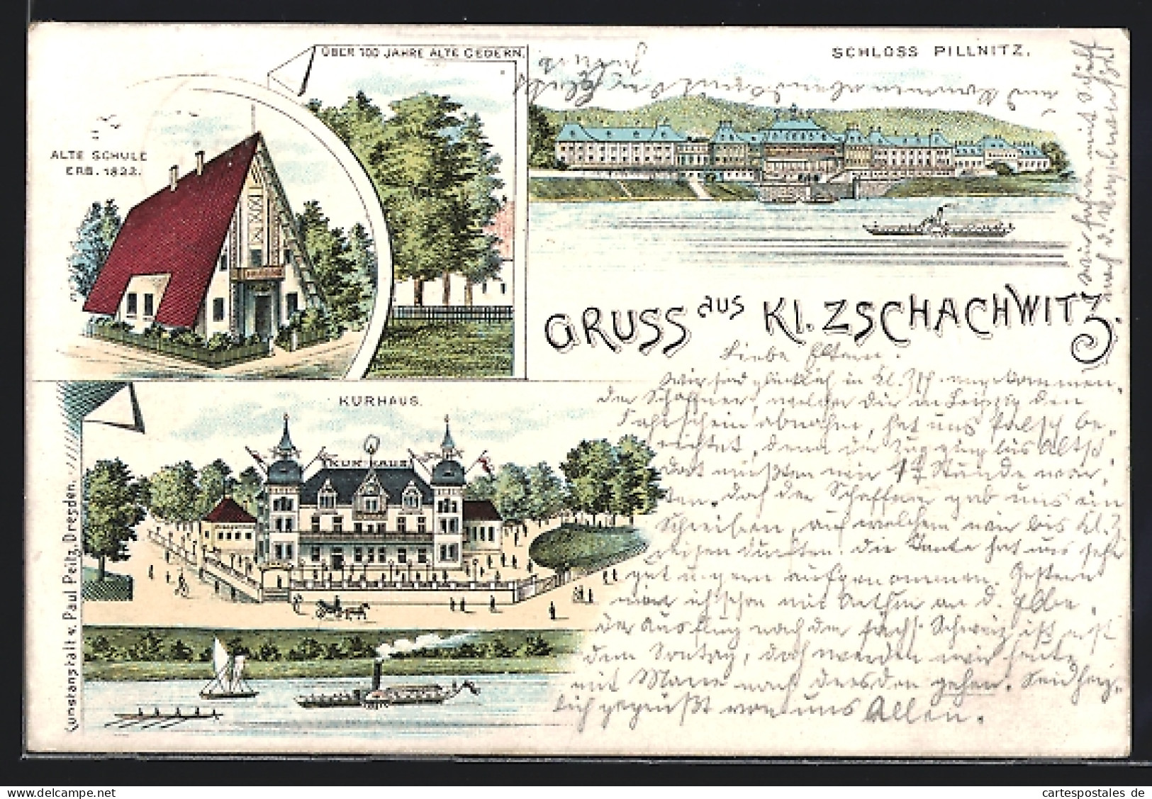 Lithographie Kleinzschachwitz, Kurhaus, Schloss Pillnitz, Alte Schule  - Pillnitz