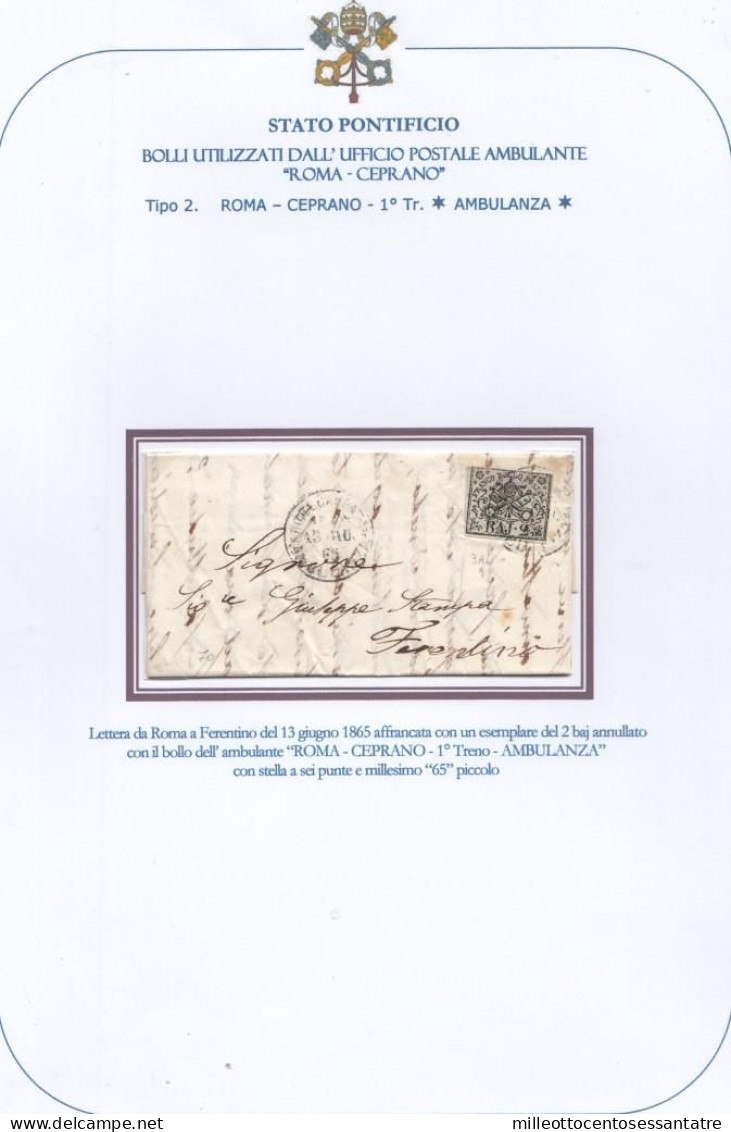 3002 - PONTIFICIO - Lettera Con Testo Del 13 Giugno 1865 Da Roma A Ferentino Con 2 Baj Verde Giallastro  - - Papal States