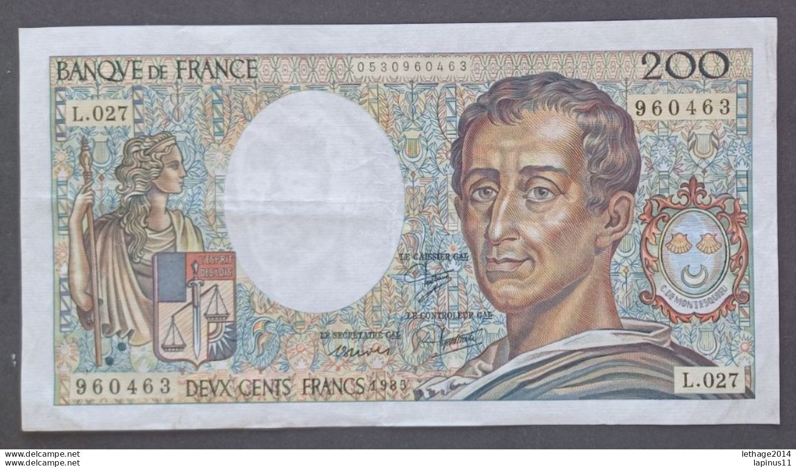 BANKNOTE MONEY PAPER 200 FRENCH FRANCS 1984 SERIES NL 027 - 200 F 1981-1994 ''Montesquieu''