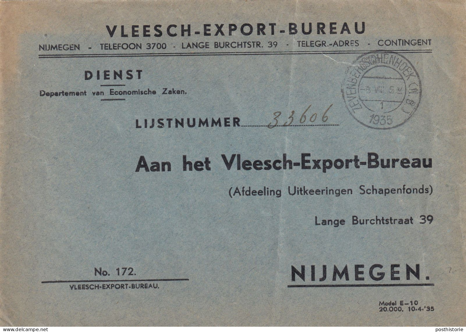 Envelop 8 Jul 1935 Zevenbergschenhoek (N.B,.) (kortebalk) - Postal History