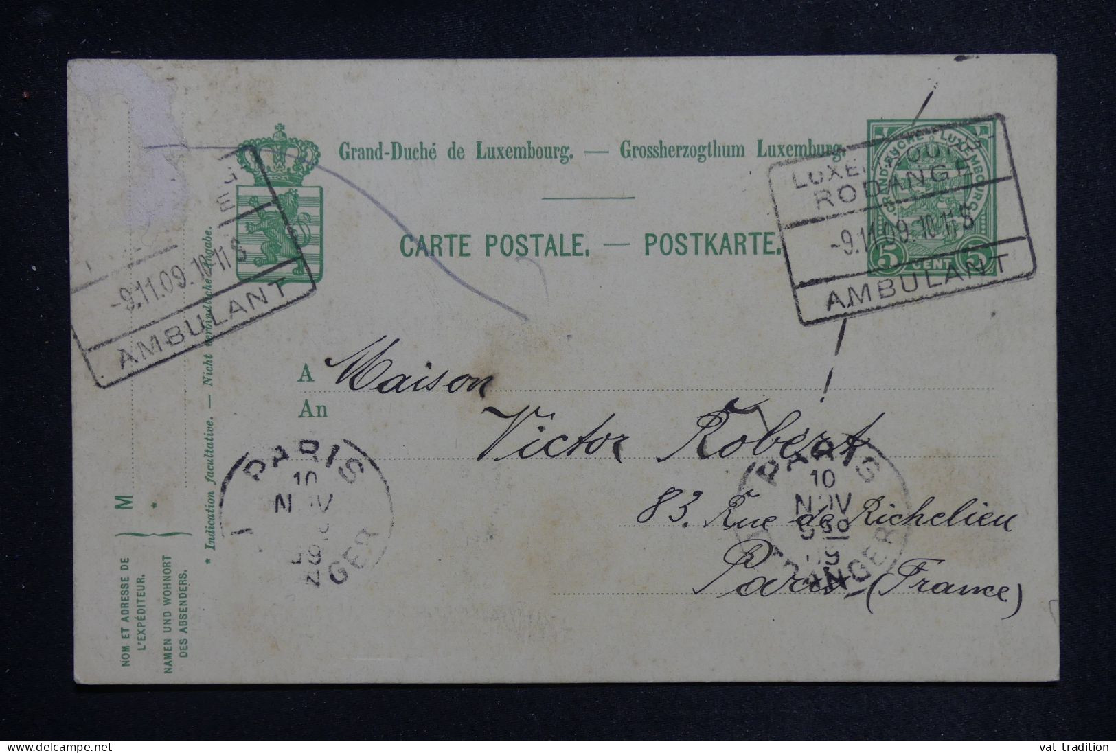 LUXEMBOURG - Oblitération Ambulant Sur Entier Postal Pour Paris En 1909 - L 151214 - Stamped Stationery