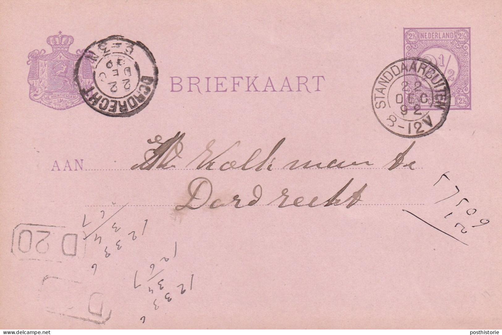 Briefkaart 22 Dec 1892 Standdaarbuiten (hulpkantoor Kleionrond) Naar Dordrecht (kleinrond) - Poststempels/ Marcofilie