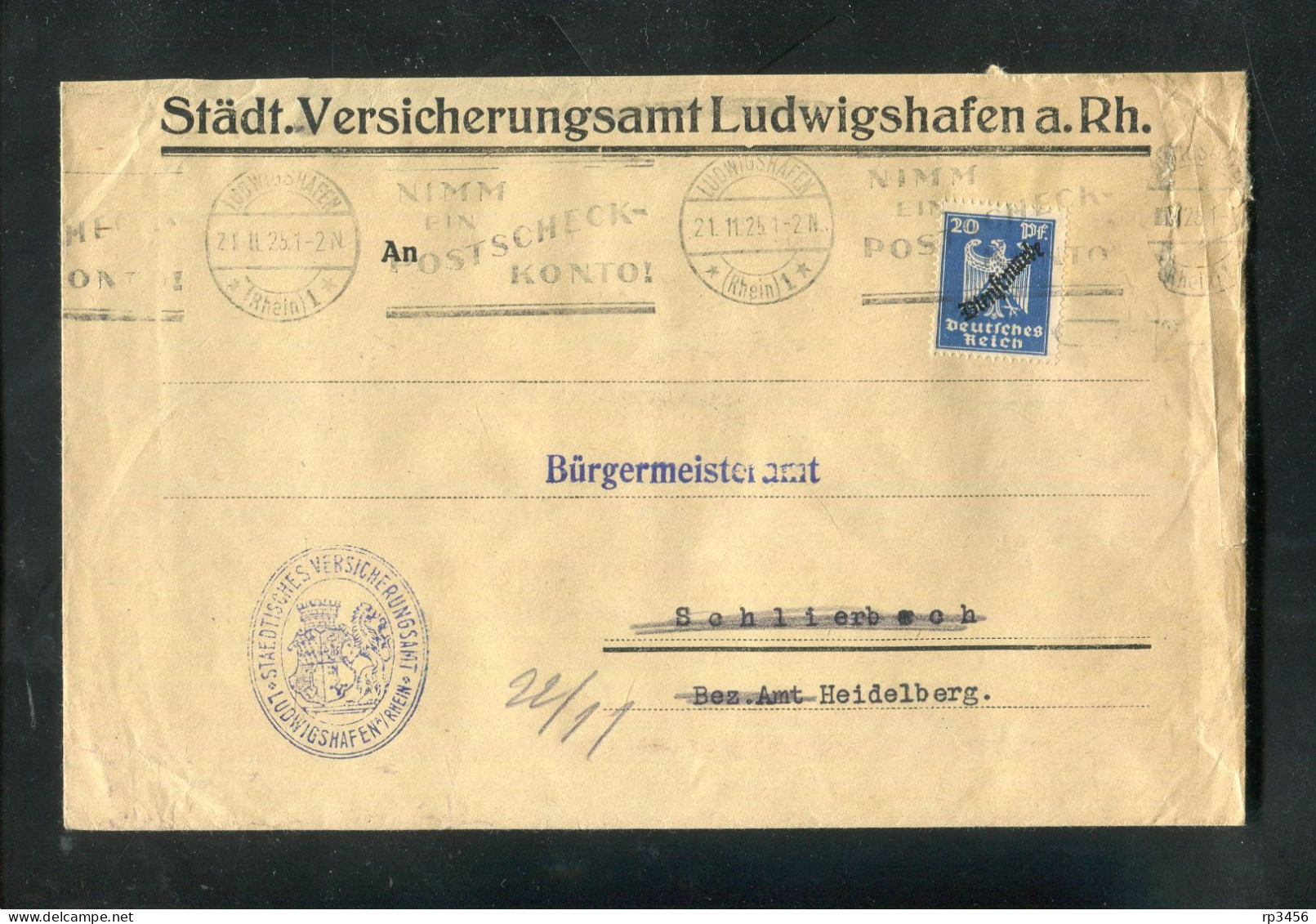 "DEUTSCHES REICH" 1925, Dienstmarke Mi. 108 EF Auf Dienstbrief Ex Staedt. Versicherungsamt Ludwigshafen (R0154) - Dienstmarken