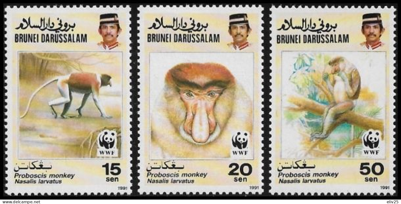 Brunei 1991, WWF Proboscis Monkey - 3 V. MNH - Nuevos