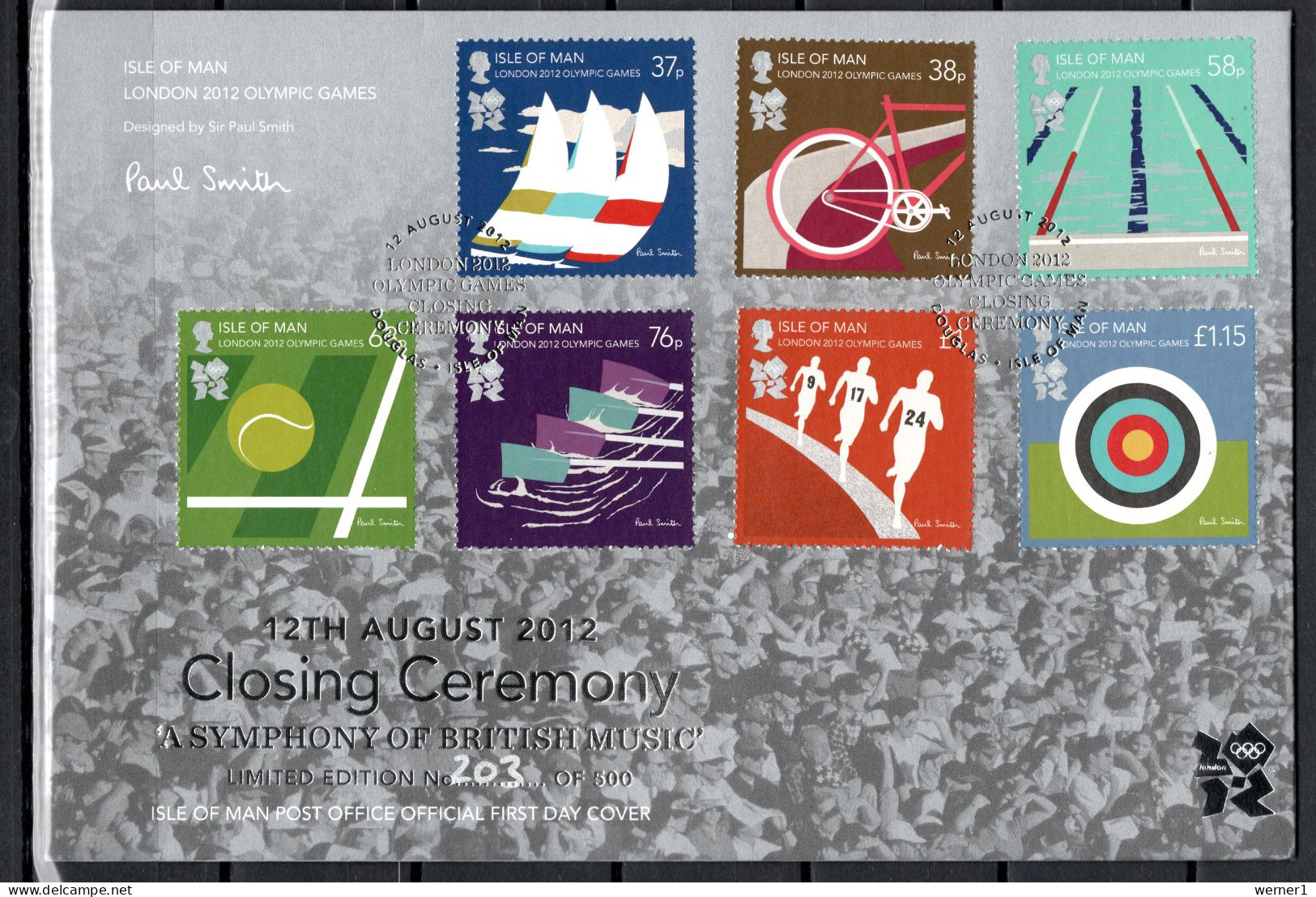 Isle Of Man 2012 Olympic Games London, Sailing, Cycling, Tennis, Rowing Etc. Set Of 7 On Com. Cover Limited Edition - Sommer 2012: London