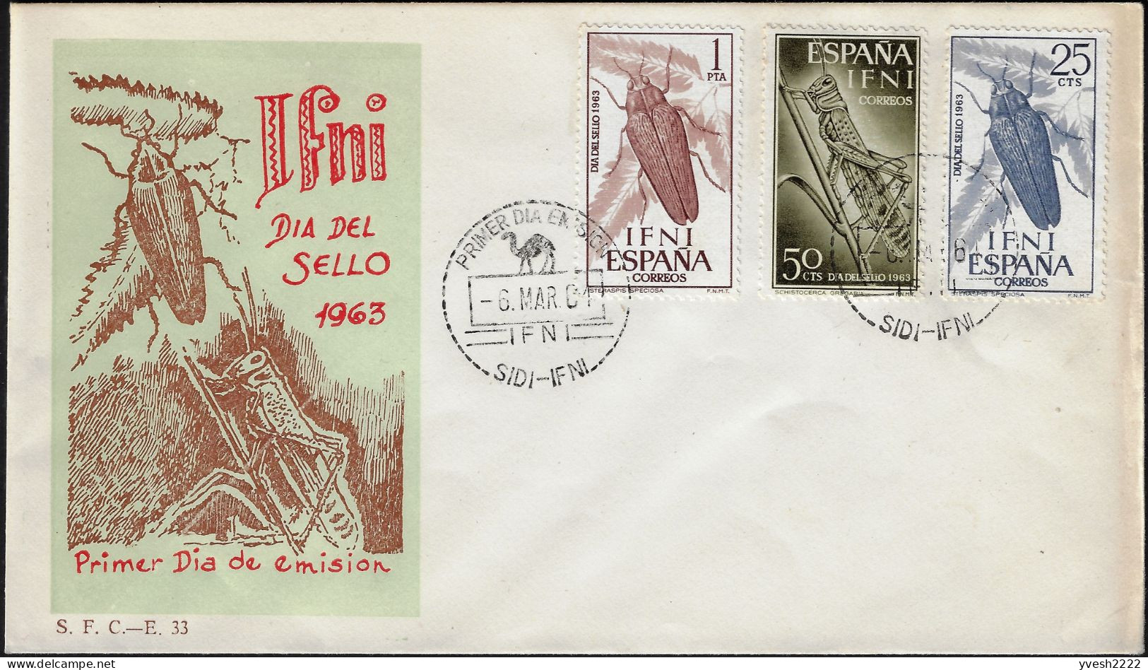 Ifni 1963 Y&T 174 à 176 Sur FDC. Insectes : Steraspis Speciosa Et Criquet Pèlerin (Schistocerca Gregaria). Dromadaire - Escarabajos