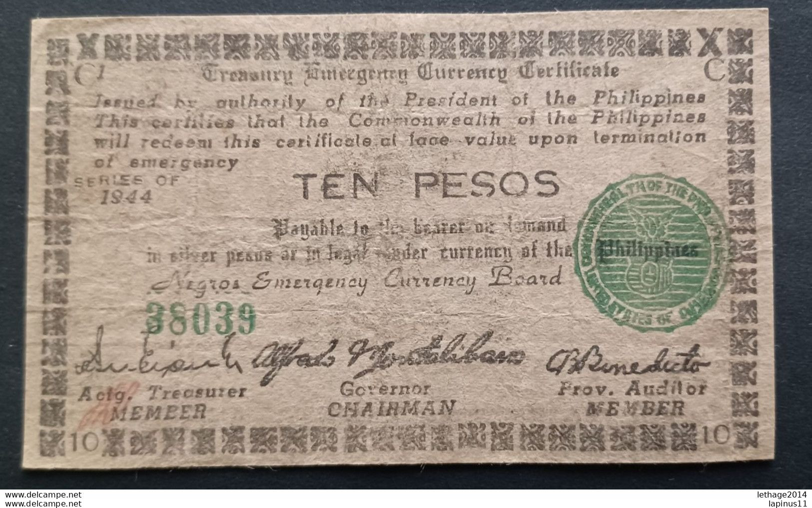 BANKNOTE PHILIPPINES 1944 Emergency Issue Negros Emergency Currency Board PRINTAGE 800,000 CIRCULATED - Filipinas
