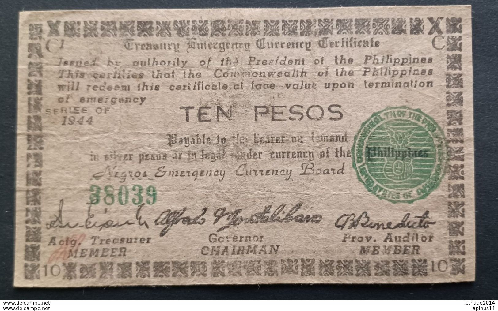 BANKNOTE PHILIPPINES 1944 Emergency Issue Negros Emergency Currency Board PRINTAGE 800,000 CIRCULATED - Filippine