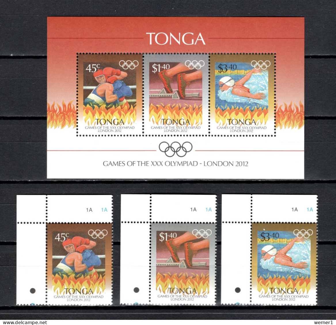 Tonga 2012 Olympic Games London, Boxing, Swimming Etc. Set Of 3 + S/s MNH - Eté 2012: Londres