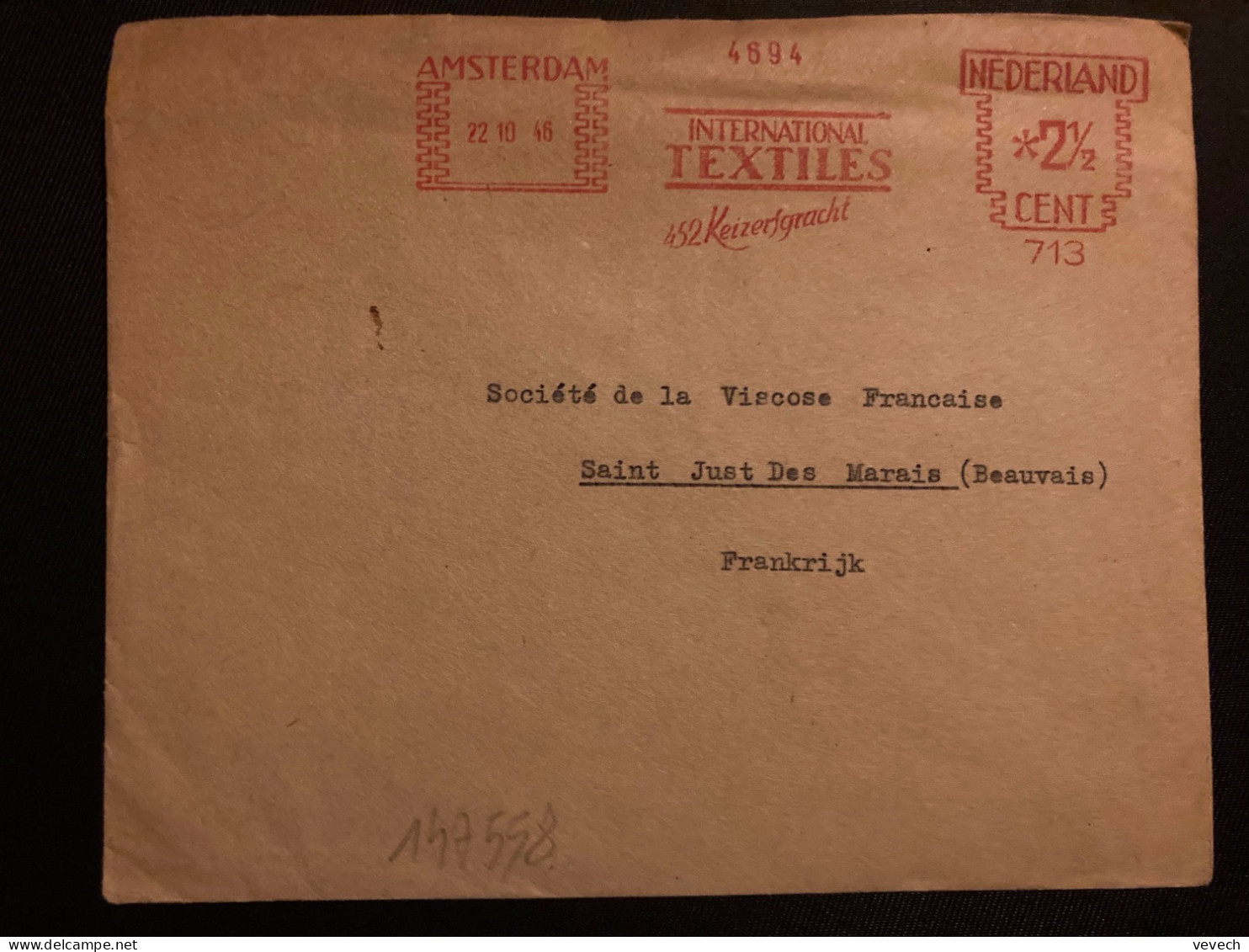 LETTRE EMA 713 à 2 1/2c Du 22 10 46 AMSTERDAM + INTERNATIONAL TEXTILES - Franking Machines (EMA)