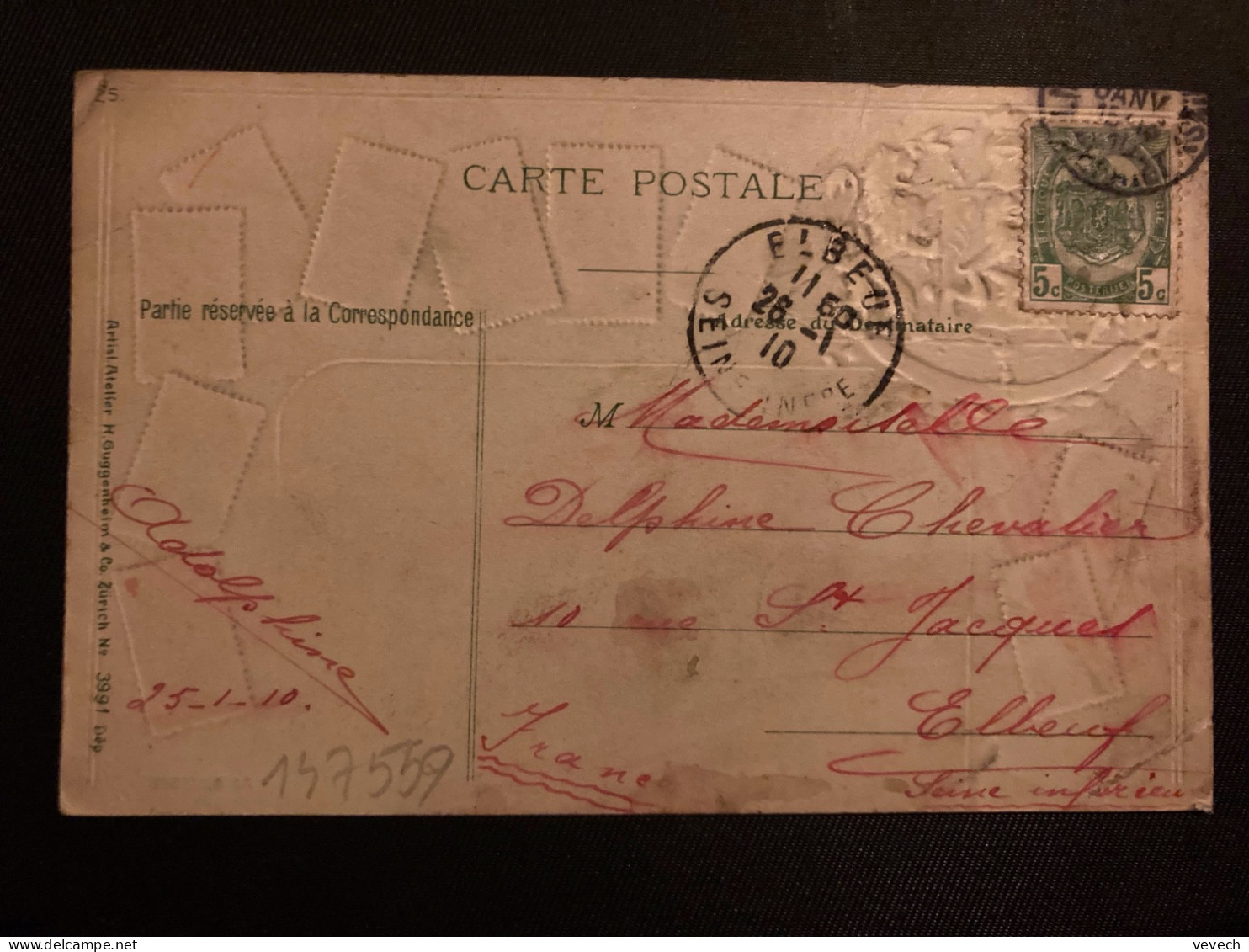 CP SOUVENIR DE LA BELGIQUE LIEGE TP 5c OBL. JANV 10 Pour La FRANCE OBL.26-1 10 ELBEUF (76) - 1910-1911 Caritas