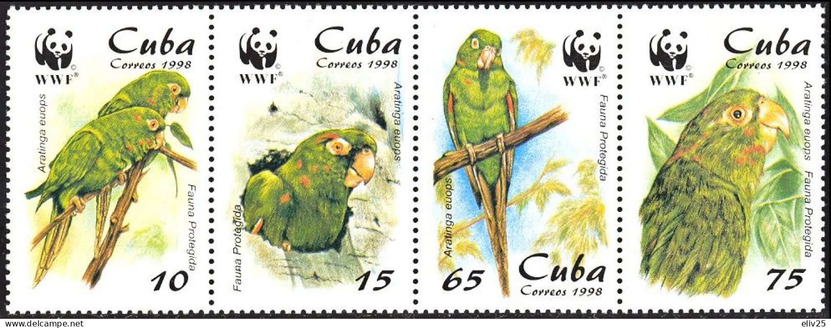 Cuba 1998, WWF Birds Parrots - Strip Of 4 V. MNH - Unused Stamps