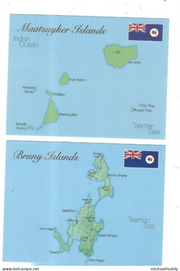 2 POSTCARDS PUBLISHED IN  AUSTRALA   MAPS AUTRALIAN ISLANDS  MAATSUYKER, BRUNY ISLANDS - Maps