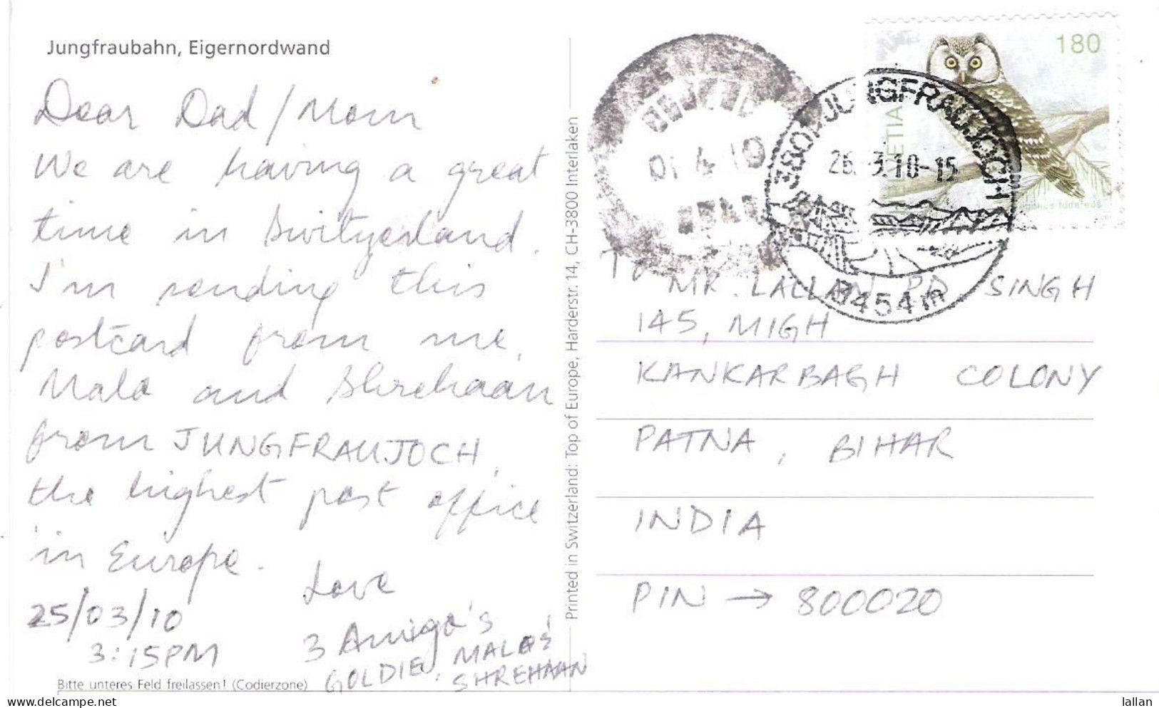 Postcard Used, Postmarked At Highest Post Officen Of Switzerland To India, 2015,Condition As Per Scan - Brieven En Documenten
