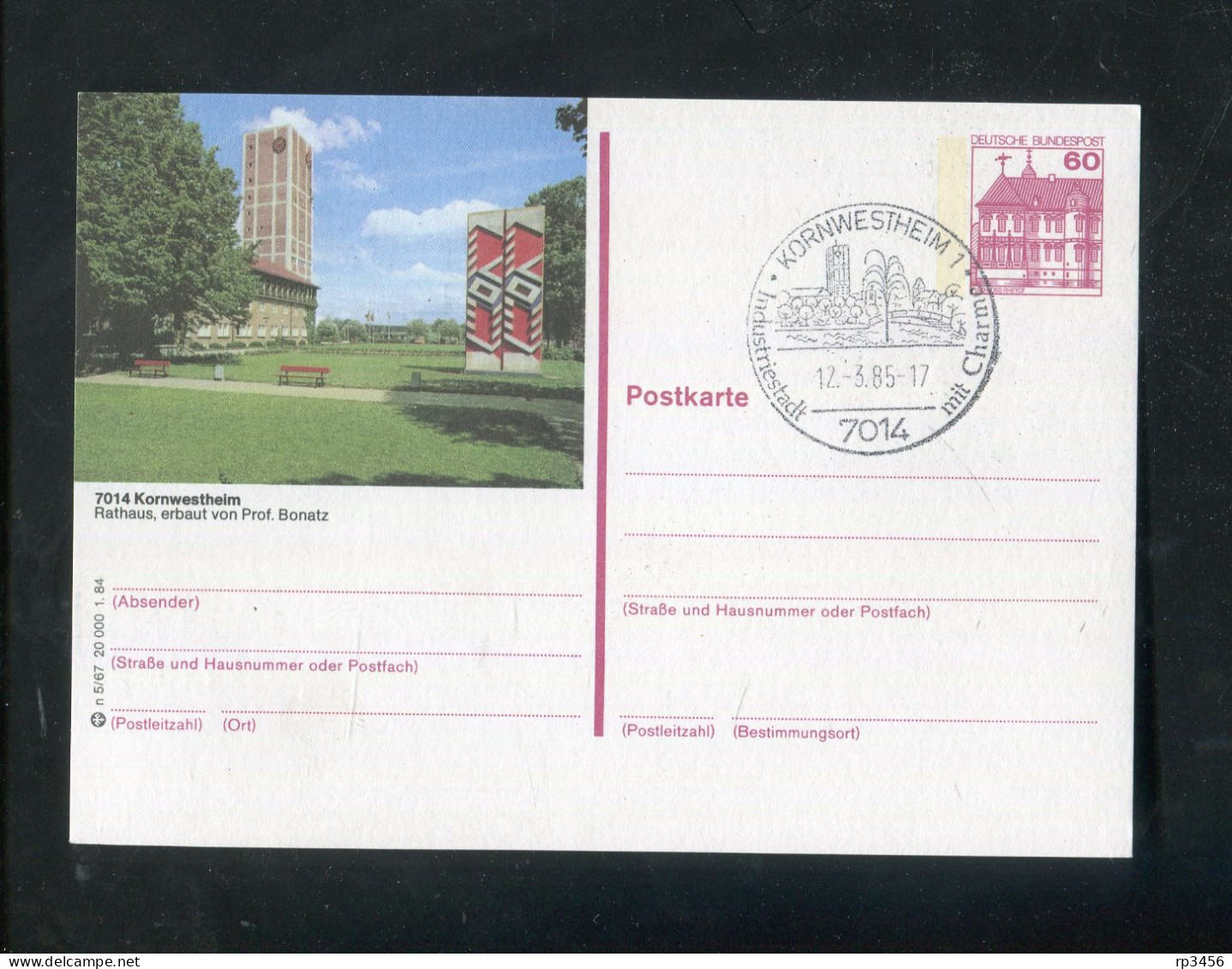 "BUNDESREPUBLIK DEUTSCHLAND" 1984, Bildpostkarte Mit Bildgleichem Stempel Ex "KORNWESTHEIM" (R0163) - Cartes Postales Illustrées - Oblitérées