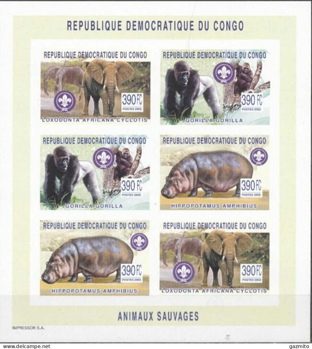 Congo Ex Zaire 2003, Scout, Hippo, Elephant, Gorilla, 6val In BF IMPERFORATED - Neufs