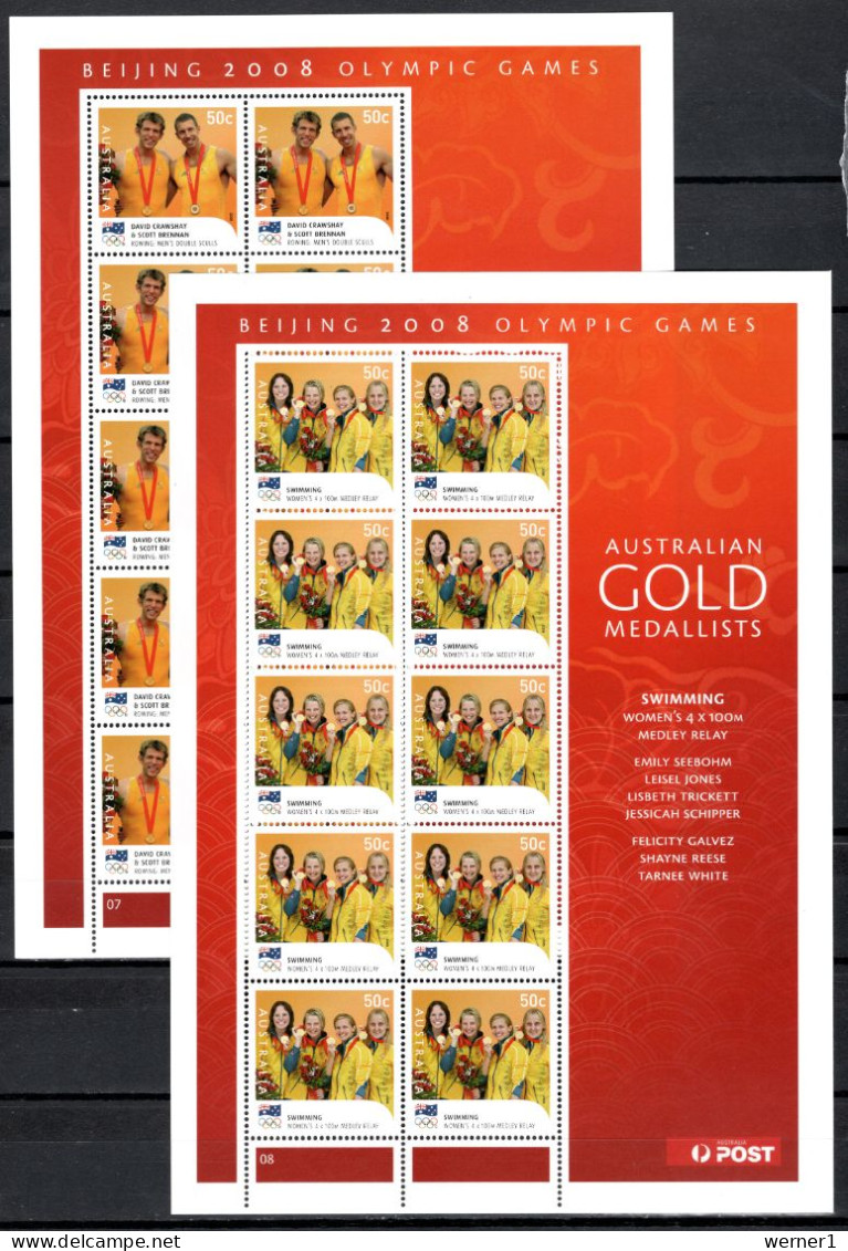 Australia 2008 Olympic Games Beijing, Swimming, Rowing, Sailing, Kayak Etc. Set Of 14 Sheetlets With Gold Medalists MNH - Estate 2008: Pechino