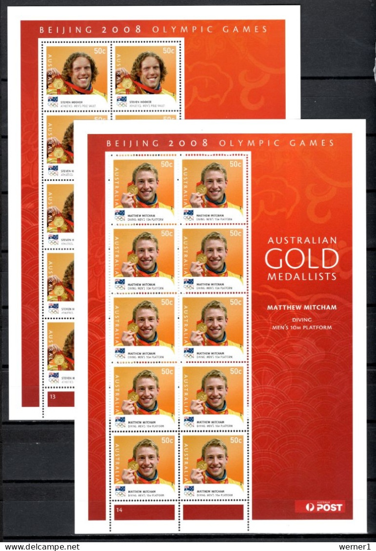 Australia 2008 Olympic Games Beijing, Swimming, Rowing, Sailing, Kayak etc. set of 14 sheetlets with gold medalists MNH