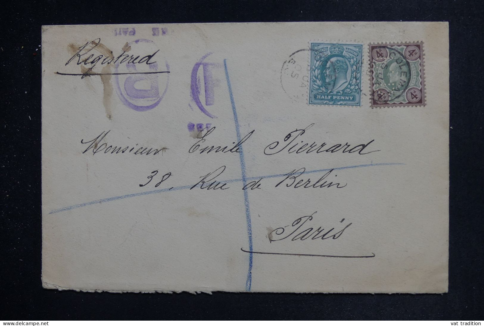 ROYAUME UNI - Enveloppe En Recommandé Pour Paris En 1905 - L 151247 - Cartas & Documentos