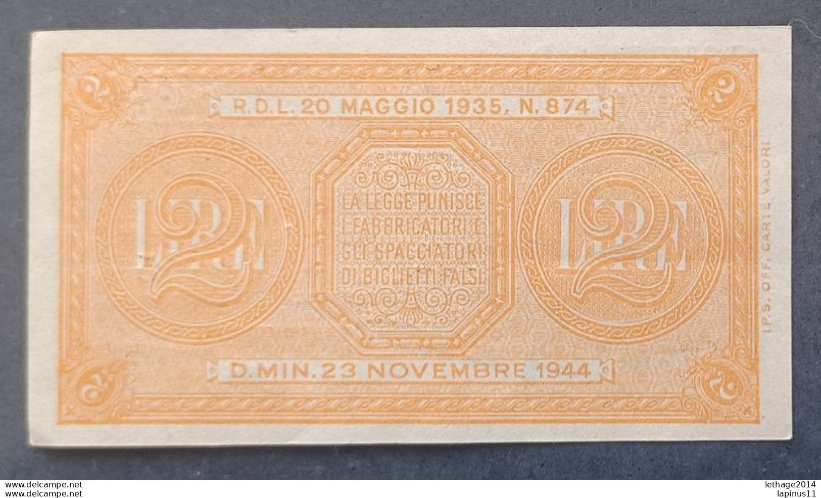 BANKNOTE ITALY KINGDOM VITTORIO EMANUELE 2 LIRE 1944 VENTURA GIOVINCO NOT CIRCULATED - Italië – 2 Lire