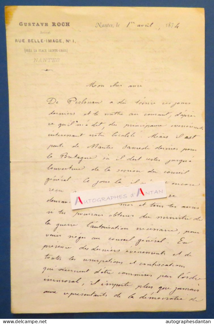 ● L.A.S Gustave ROCH Nantes 1874 Né à Aigrefeuille-sur-Maine Loire Inférieure - De Peslouan - Bordron - Laisant - Lettre - Politiek & Militair