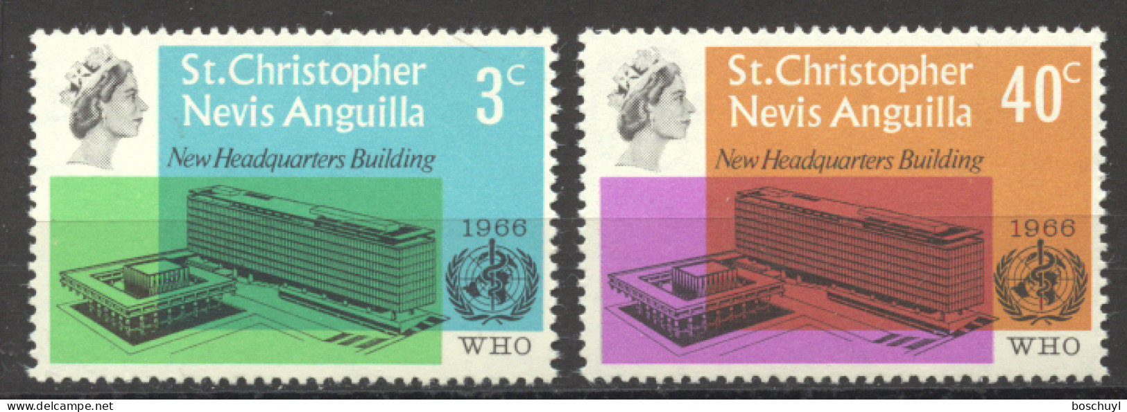 St Christopher, Nevis And Anguilla, 1966, WHO Building, World Health Organization, United Nations, MNH, Michel 170-171 - St.Christopher-Nevis-Anguilla (...-1980)