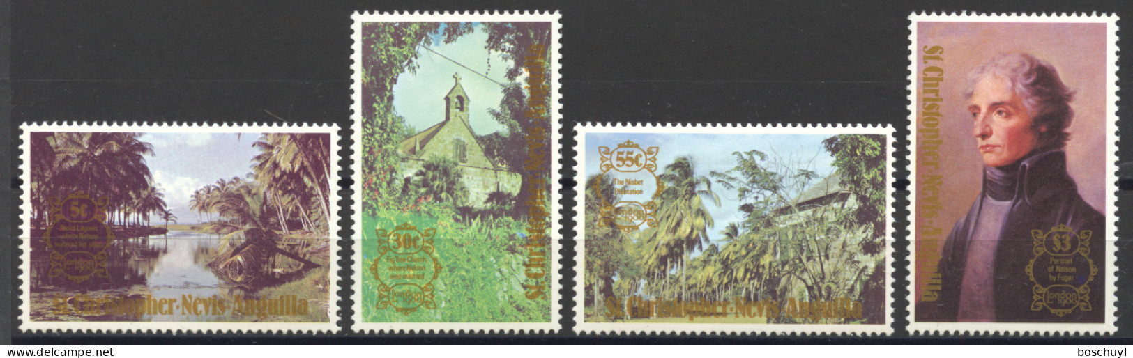 St Christopher, Nevis And Anguilla, 1980, London Stamp Exhibition, Lord Nelson, Lagoon, Church, MNH, Michel 392-395 - St.Christopher-Nevis & Anguilla (...-1980)