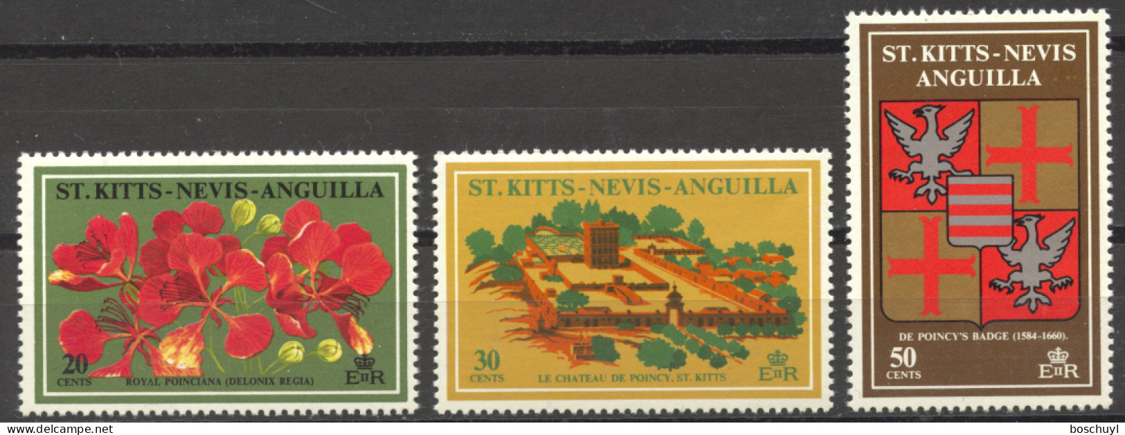 St Christopher, Nevis And Anguilla, 1971, Philippe De Poincy, Flowers, Castle, Heraldry, MNH, Michel 234-236 - St.Christopher-Nevis-Anguilla (...-1980)