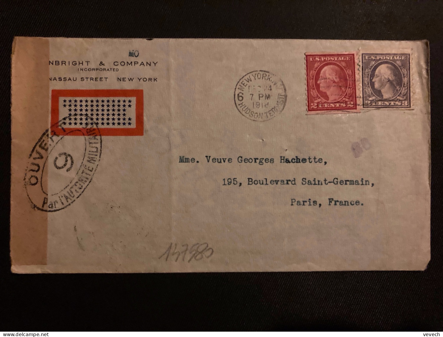 LETTRE Pour La FRANCE TP 3c + 2c OBL.MEC.DEC 24 1918 NEW YORK + CENSURE - Briefe U. Dokumente