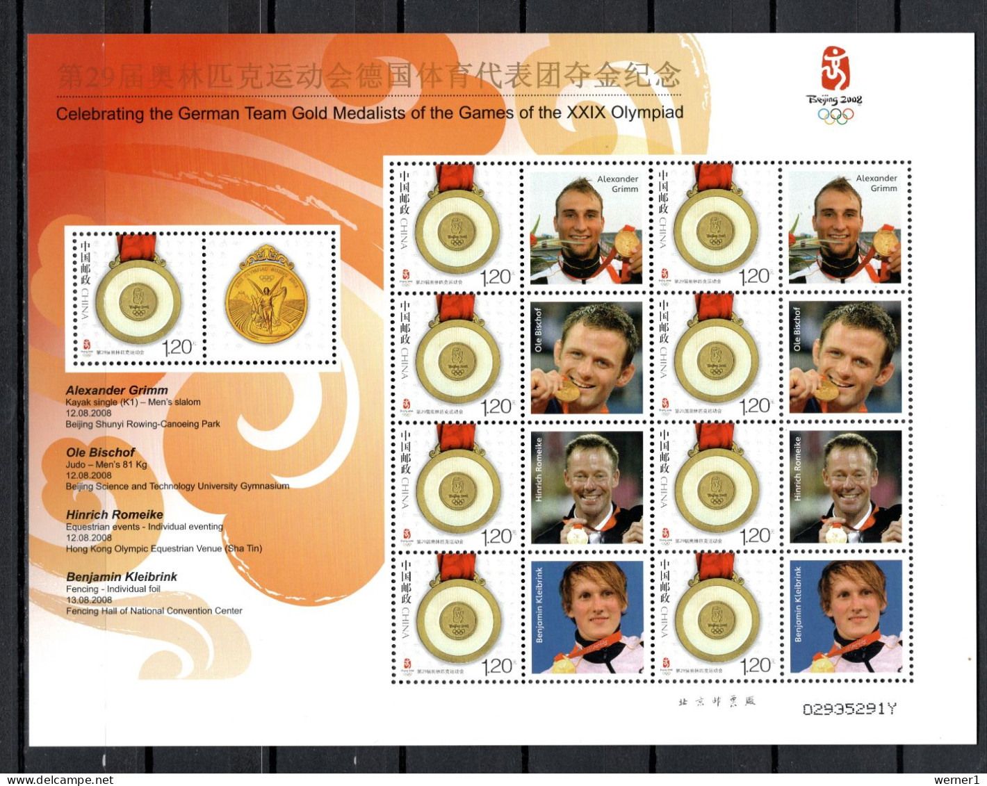 China PR 2008 Olympic Games Beijing, Kayak, Judo, Equestrian, Fencing German Gold Medalists Sheetlet Red MNH - Ete 2008: Pékin