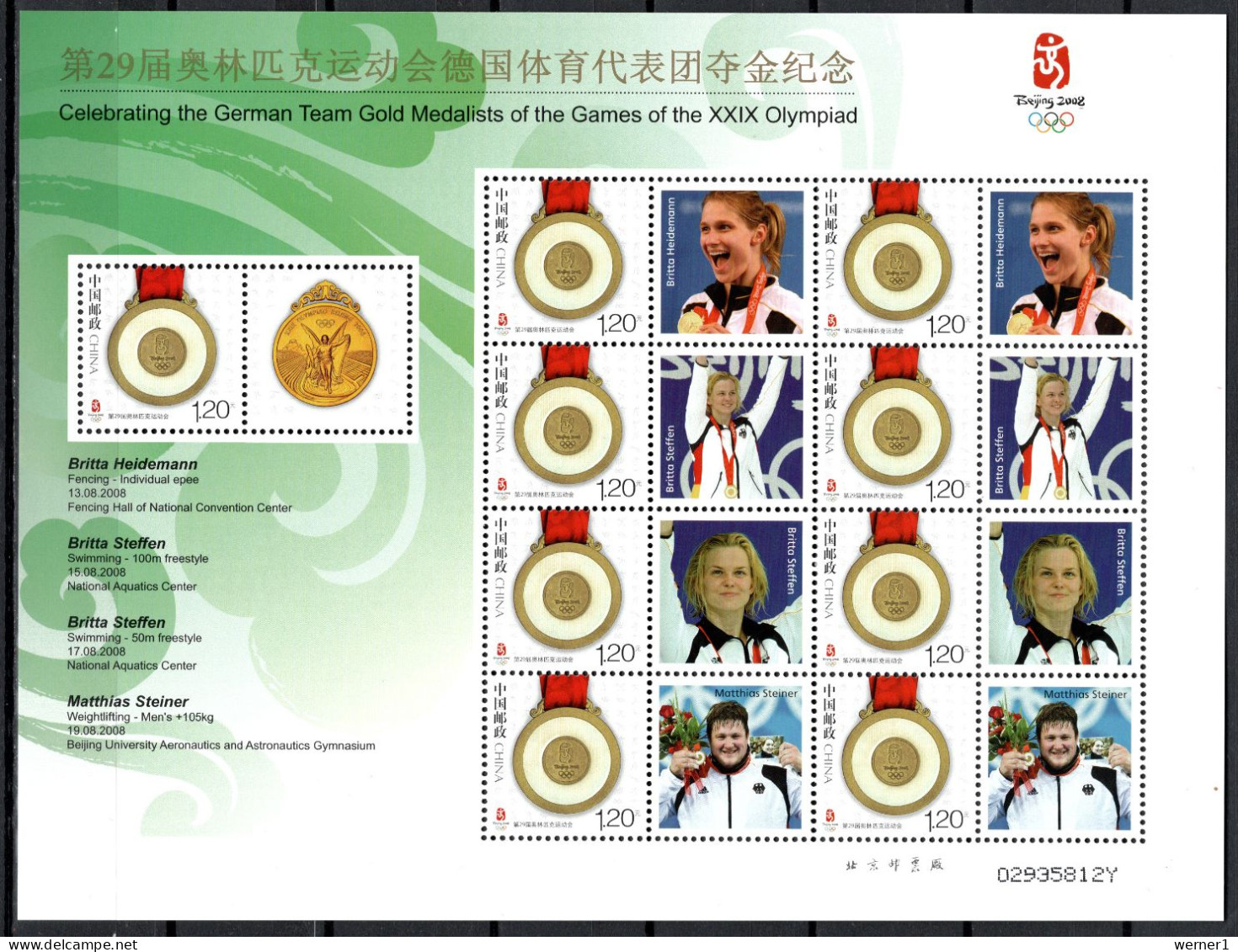 China PR 2008 Olympic Games Beijing, Fencing, Swimming, Weightlifting, German Gold Medalists Sheetlet Green MNH - Estate 2008: Pechino