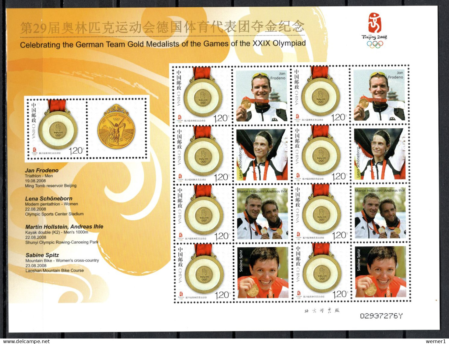 China PR 2008 Olympic Games Beijing, Kayak, Cycling, Triathlon Etc., German Gold Medalists Sheetlet Yellow MNH - Verano 2008: Pékin