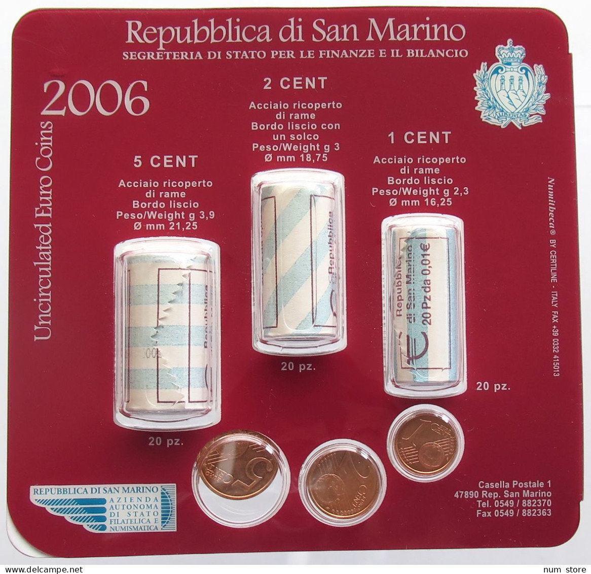 SAN MARINO 2006 UNCIRCULATED EURO COINS 1,25 CENT X 20 #bs20 0051 - San Marino