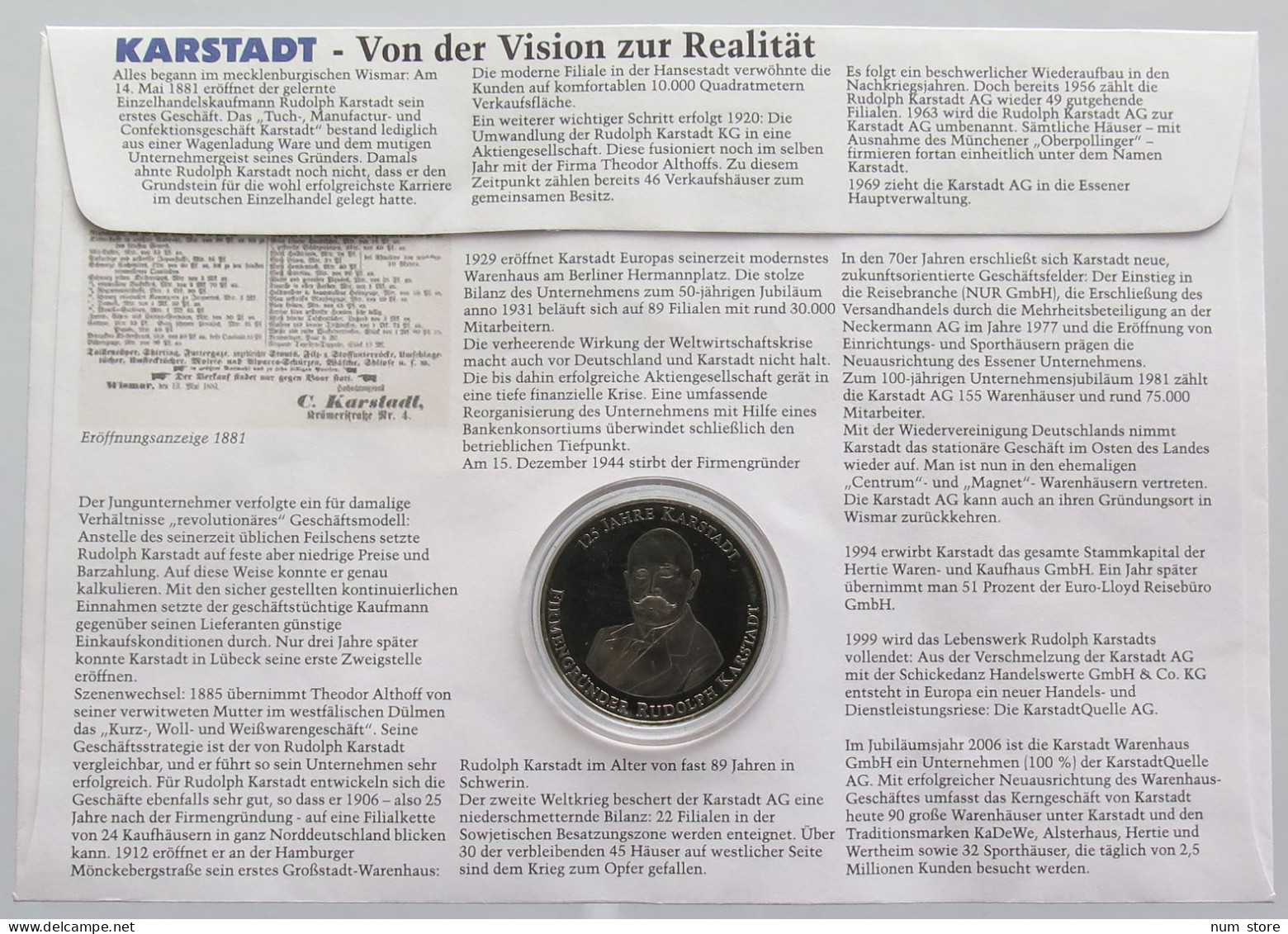 GERMANY BRD MEDAL 2006 KARSTADT NUMISBRIEF STATIONERY #bs18 0213 - Sonstige & Ohne Zuordnung