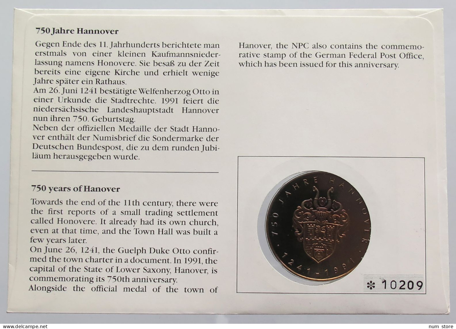 GERMANY BRD MEDAL HANNOVER 1991 NUMISBRIEF STATIONERY #bs18 0225 - Andere & Zonder Classificatie