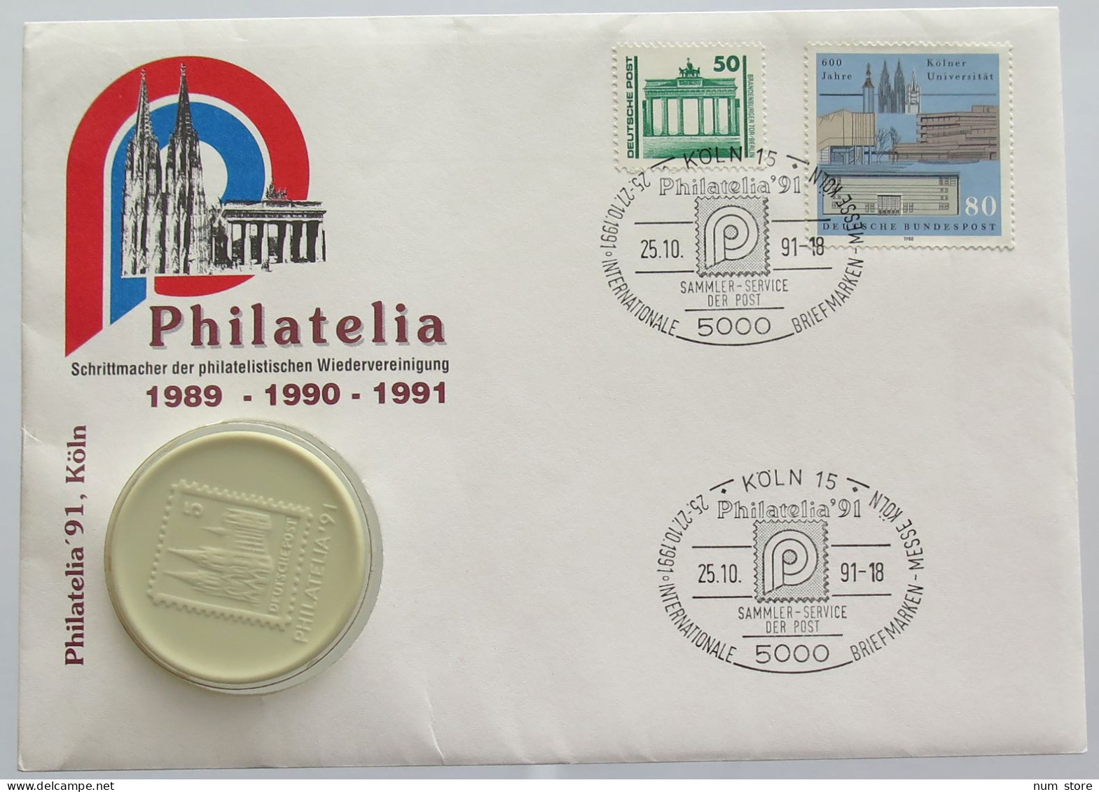 GERMANY BRD PORCELAIN MEDAL 1991 PHILATELIA KÖLN NUMISBRIEF STATIONERY #bs18 0201 - Altri & Non Classificati