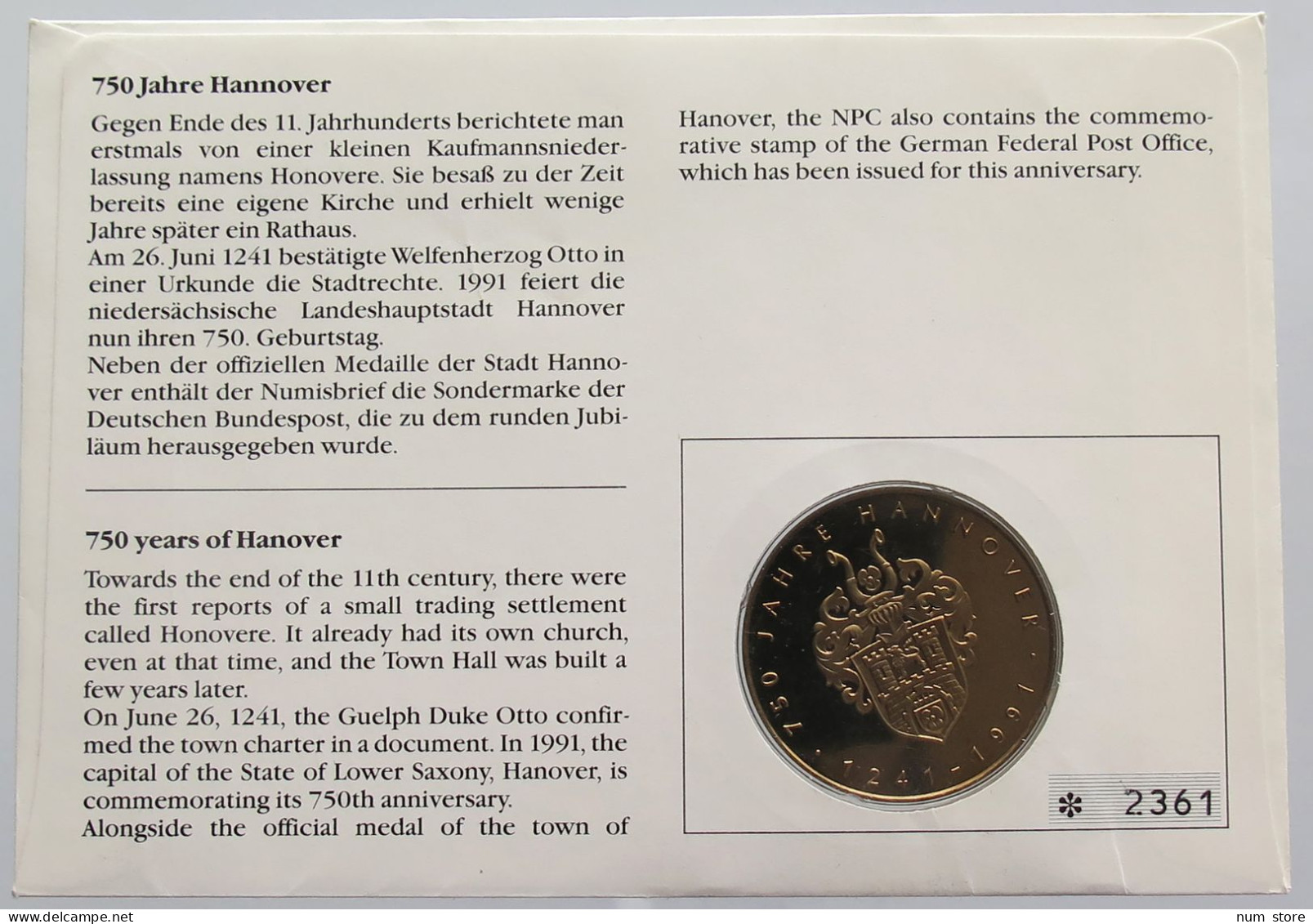 GERMANY BRD MEDAL HANNOVER 1991 NUMISBRIEF STATIONERY #bs18 0229 - Andere & Zonder Classificatie