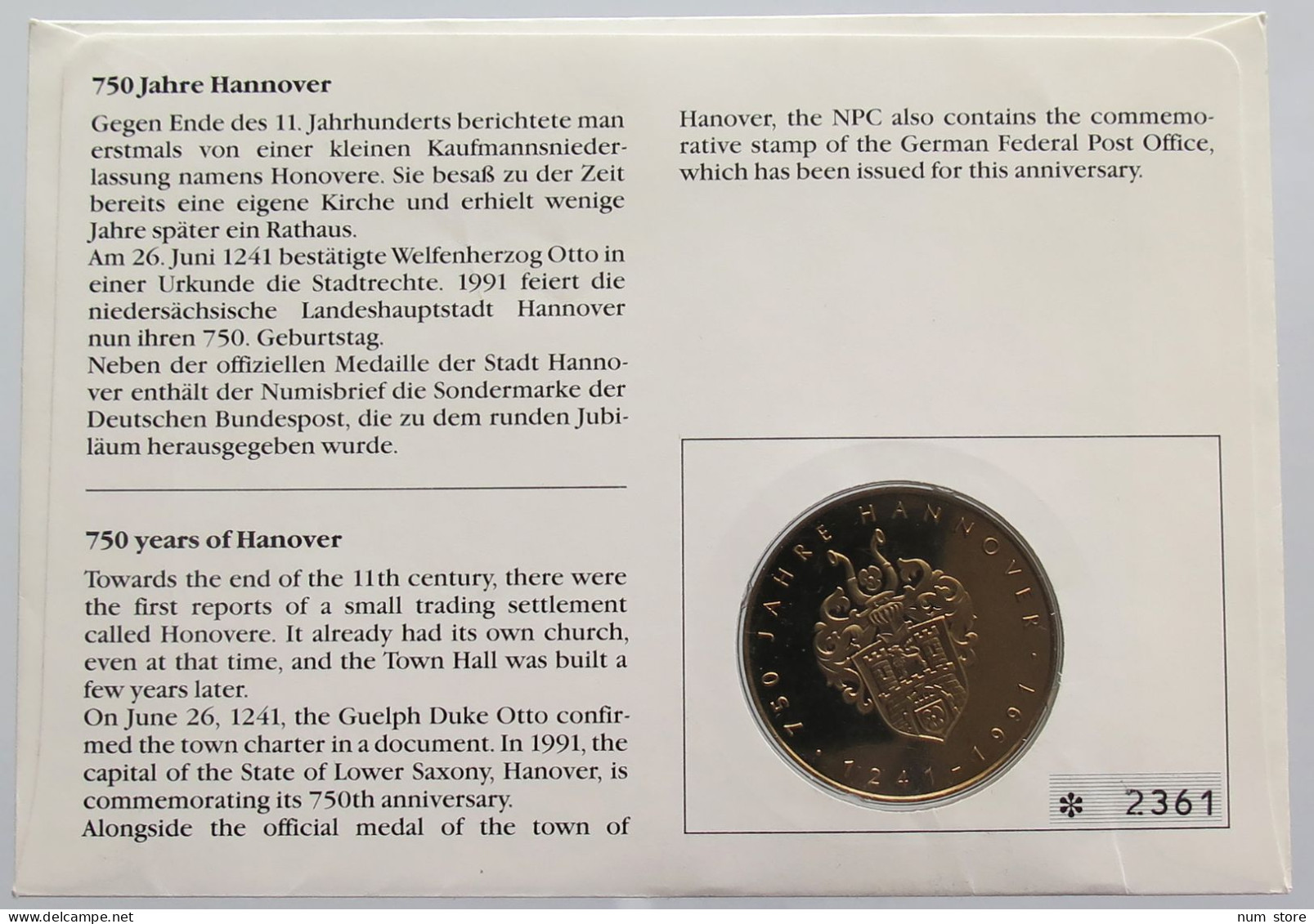 GERMANY BRD MEDAL HANNOVER 1991 NUMISBRIEF STATIONERY #bs18 0229 - Otros & Sin Clasificación