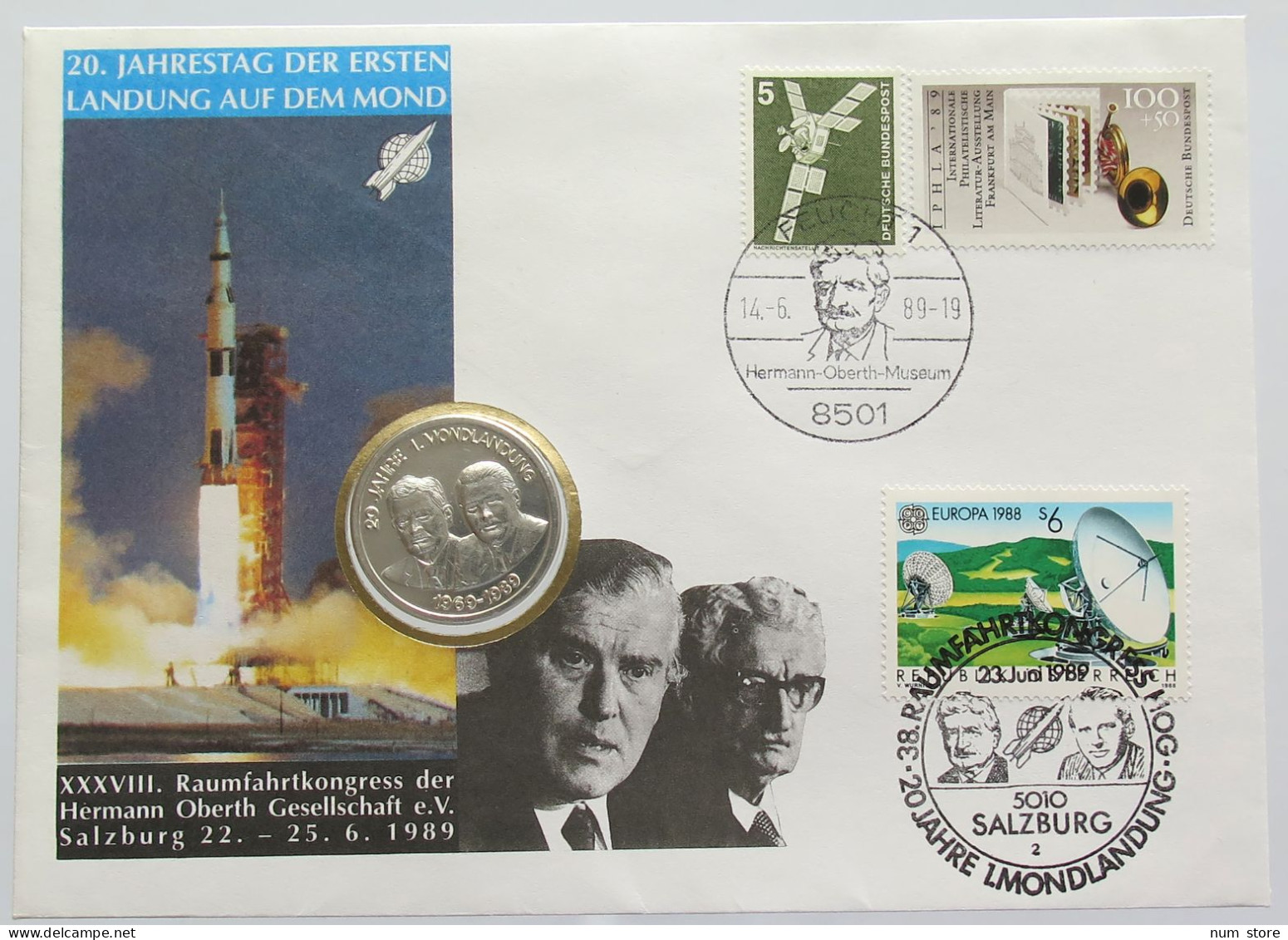 GERMANY BRD MEDAL 1989 MOON LANDING NUMISBRIEF STATIONERY #bs18 0189 - Sonstige & Ohne Zuordnung