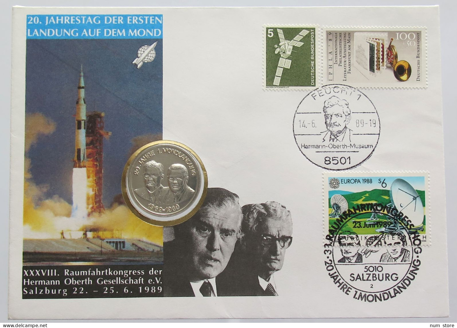 GERMANY BRD MEDAL 1989 MOON LANDING NUMISBRIEF STATIONERY #bs18 0207 - Otros & Sin Clasificación