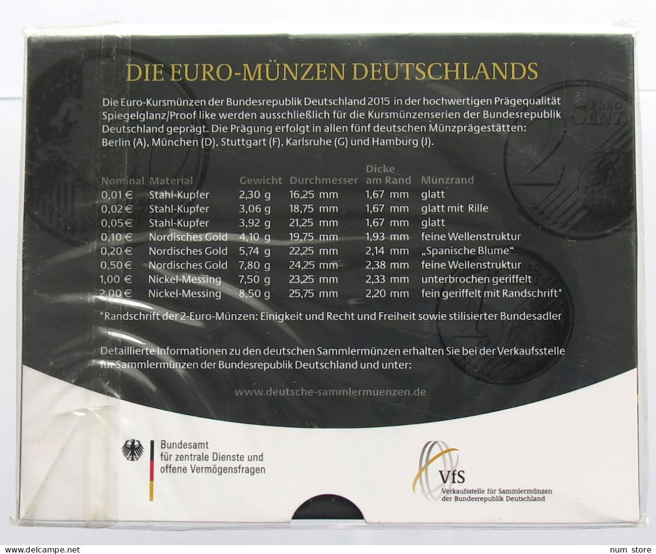 GERMANY BRD BRD SET 2015 A 1CENT - 2EURO #bs19 0029 - Ongebruikte Sets & Proefsets