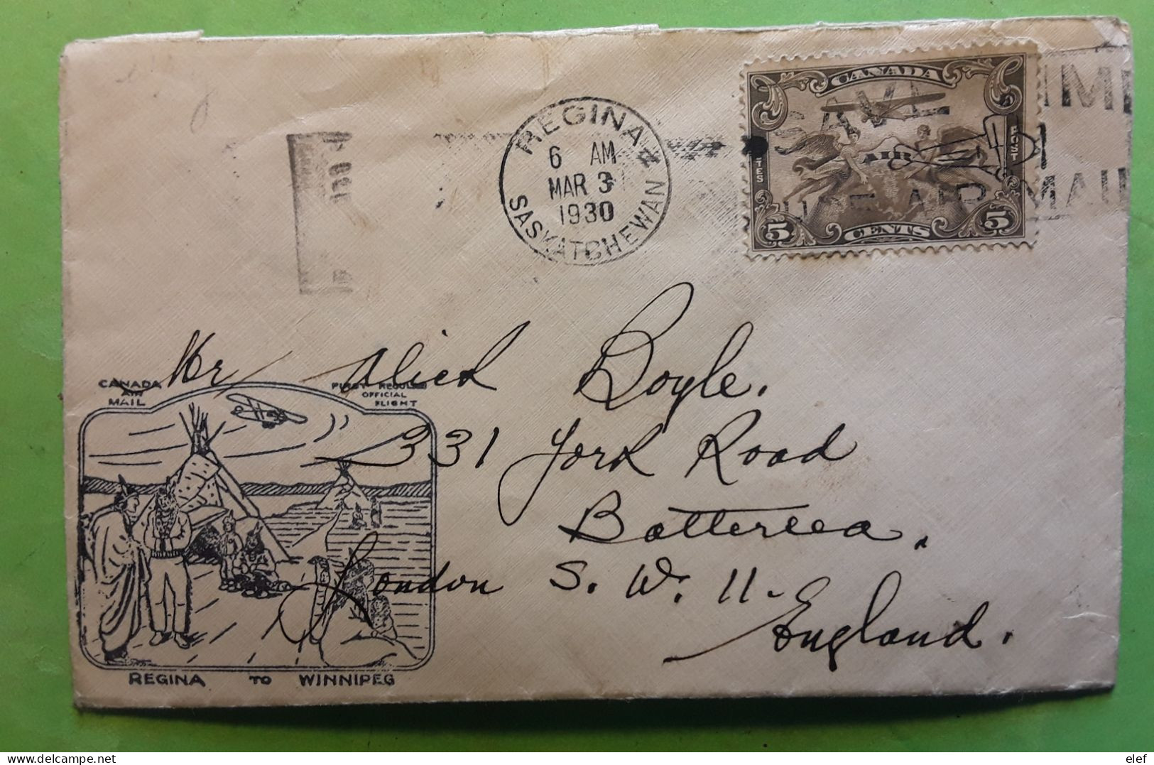 CANADA Regina Saskatchewan Airmail  Cover , First Official Flight To Winnipeg Native Indians Tepee Yvert No 1, 1930, TB - American Indians