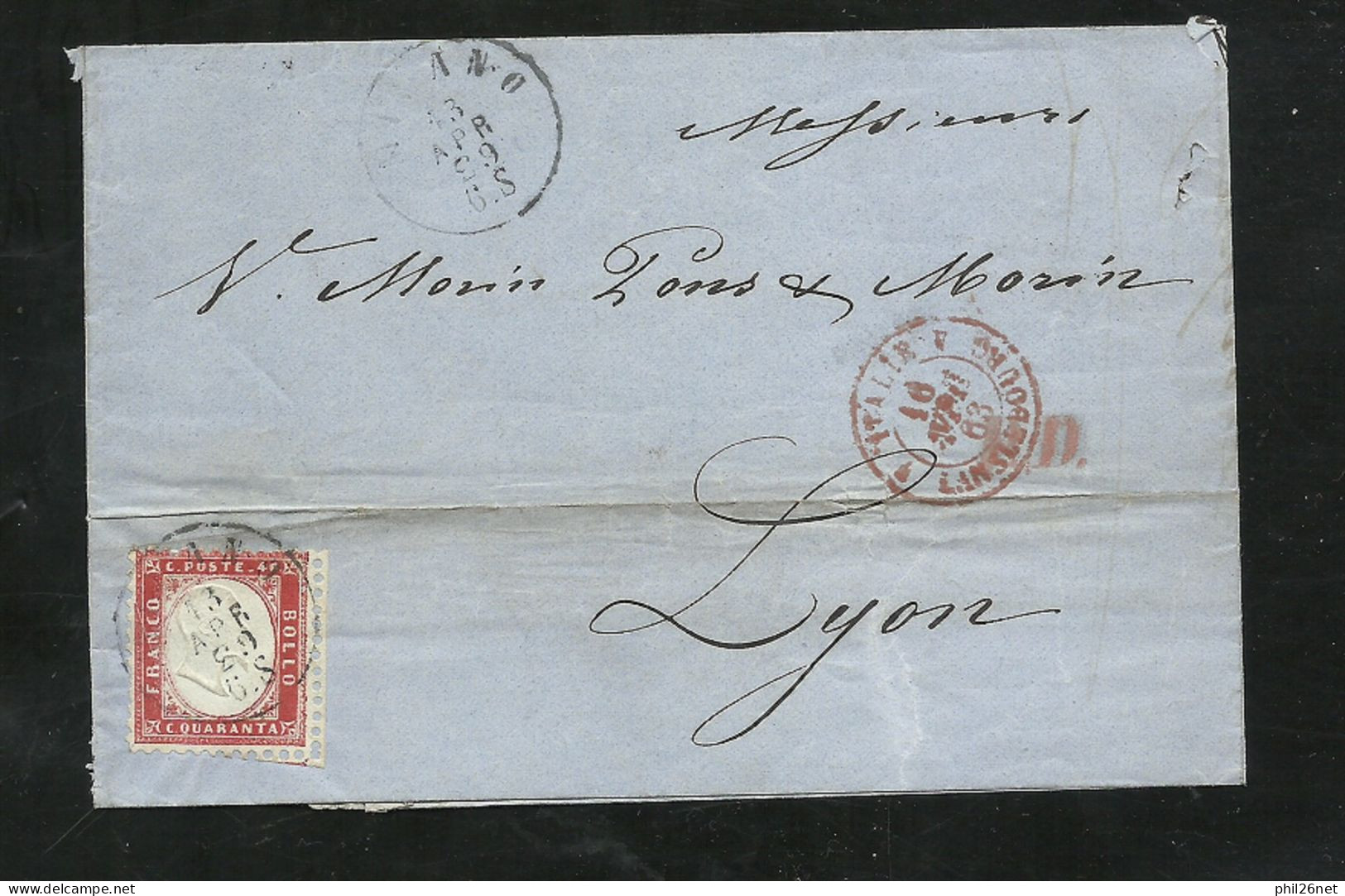 Italie Rare Pli Milan 13/4/1863 Pour Lyon Le 16/4/1863 Via Turin 14/04/1863- Frontière Lans Le Bourg 16/4/1863 Le N°4 TB - Usati