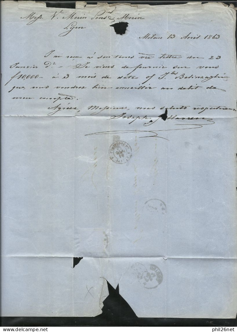 Italie Rare Pli Milan 13/4/1863 Pour Lyon Le 16/4/1863 Via Turin 14/04/1863- Frontière Lans Le Bourg 16/4/1863 Le N°4 TB - Afgestempeld