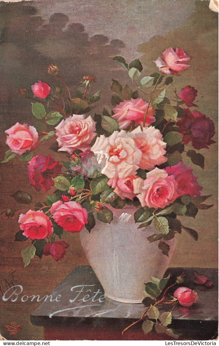 FLEURS - Bouquet De Roses Dans Un Vase - Bonne Fêtes - Roses Rose - Carte Postale Ancienne - Blumen