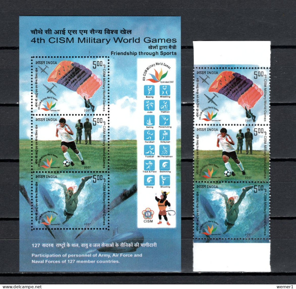 India 2007 Sport, 4th CISM Militarys World Games, Football Soccer, Parachuting Etc. Set Of 3 + S/s MNH - Otros & Sin Clasificación