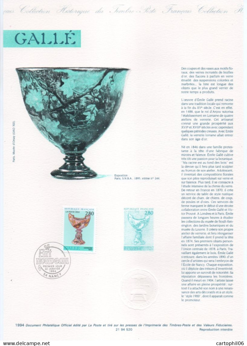 - Document Premier Jour Emile GALLÉ - VERRERIE - NANCY 22.1.1994 - - Glas & Brandglas