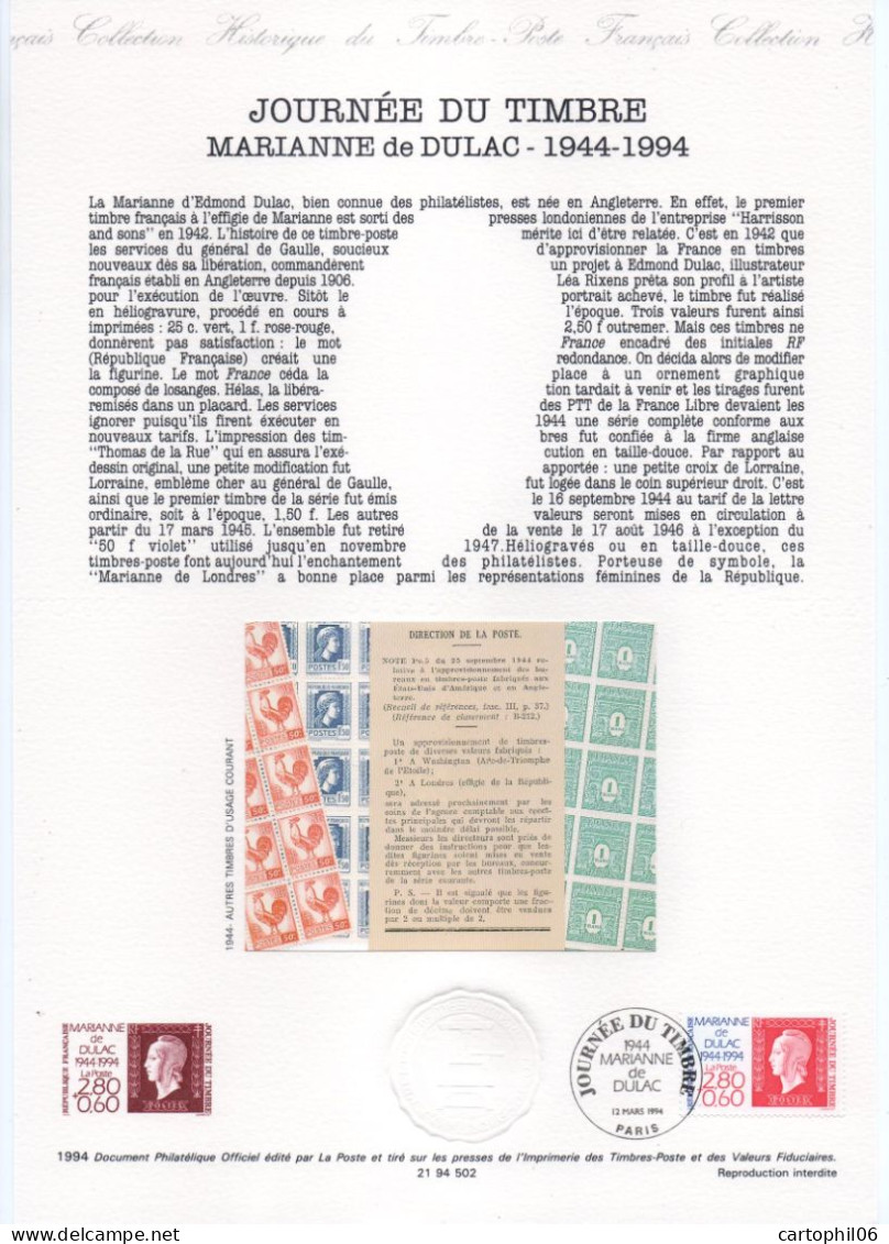 - Document Premier Jour LA JOURNÉE DU TIMBRE - MARIANNE De DULAC 1944-1994 - - Stamp's Day