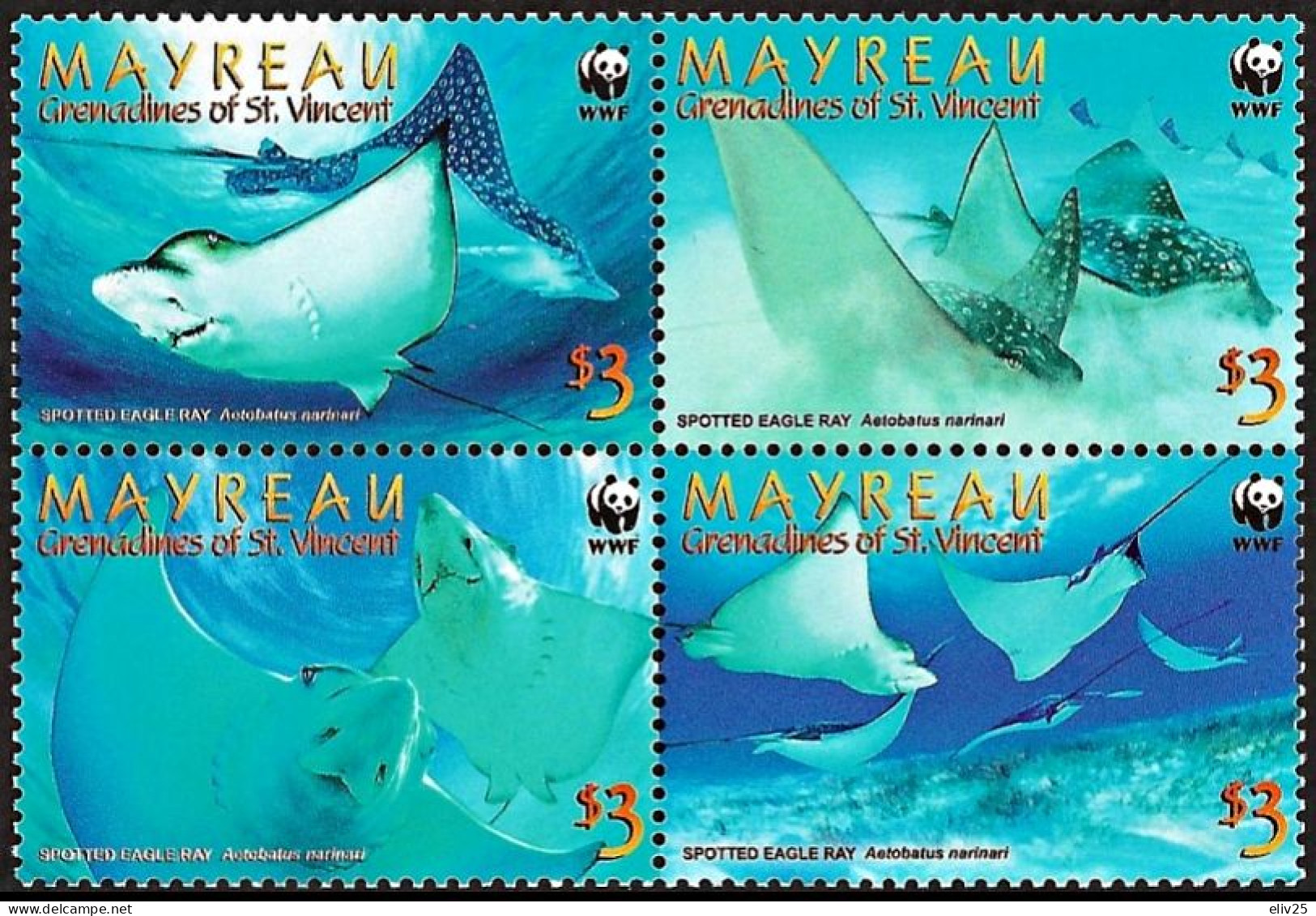 Mayreau (Grenadines Of St. Vincent) 2009, WWF Spotted Eagle Ray - Block Of 4 V. MNH - Neufs